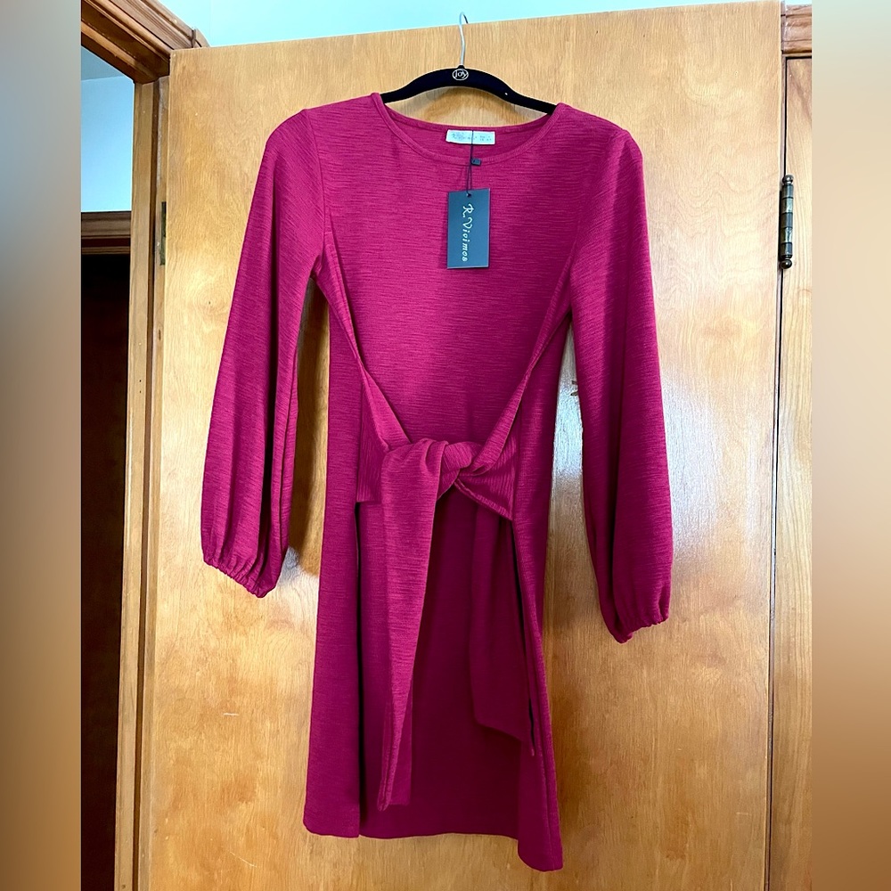 Women’s Wine Red Tie Waist Sweater Dress